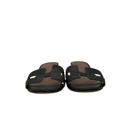 Herm�s �H Logo� Coffee & Black Leather Sandals Size 8 - Picture 4 of 8